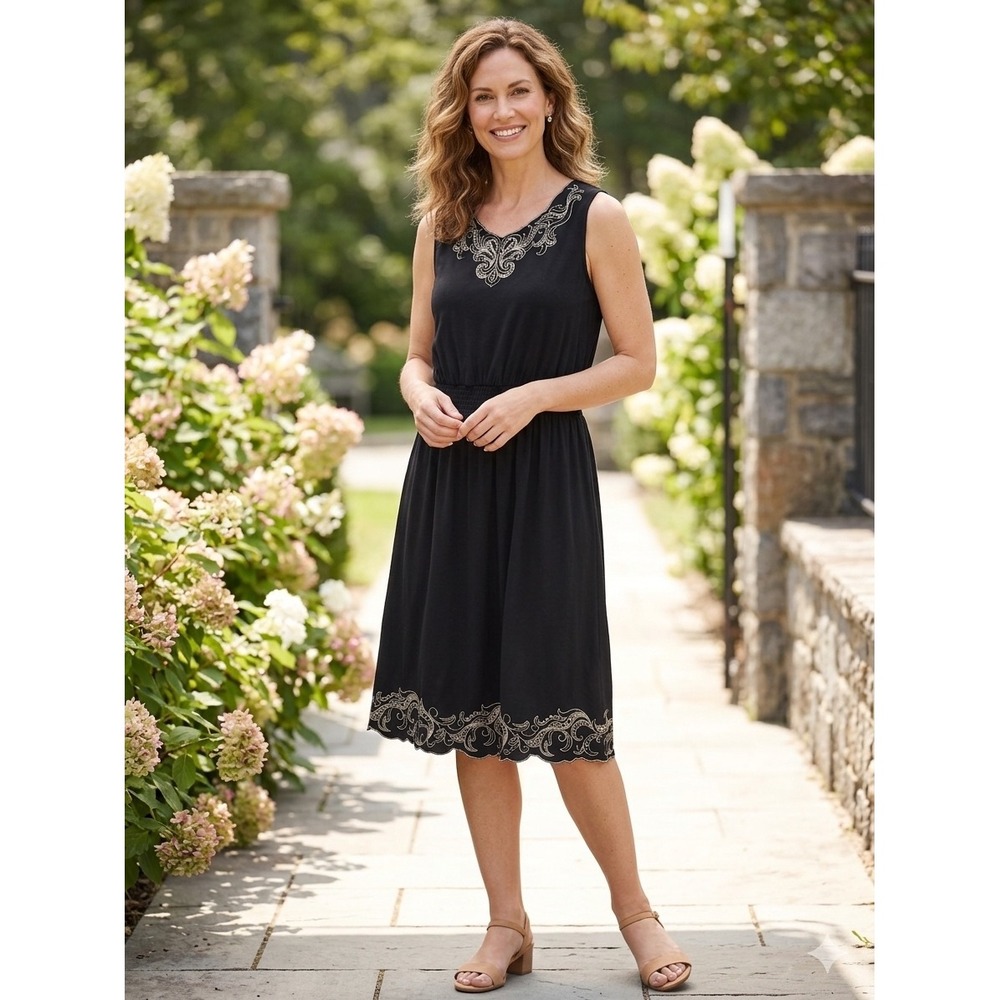 Croft & Barrow Embroidered Sleeveless Midi Dress Womens Medium Black Travel